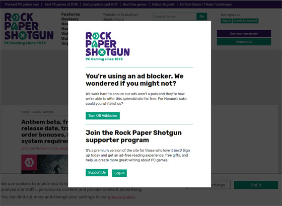 Rock Paper Shotgun in Chrome with Ad Block Plus & Ghostery